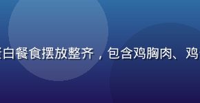 猛男诞生记饮食准备场景：健康高蛋白餐食摆放整齐，包含鸡胸肉、鸡蛋、燕麦和蔬菜，色彩丰富营养均衡